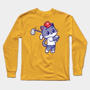 Cute Cat Playing Golf Cartoon Long Sleeve T-Shirt